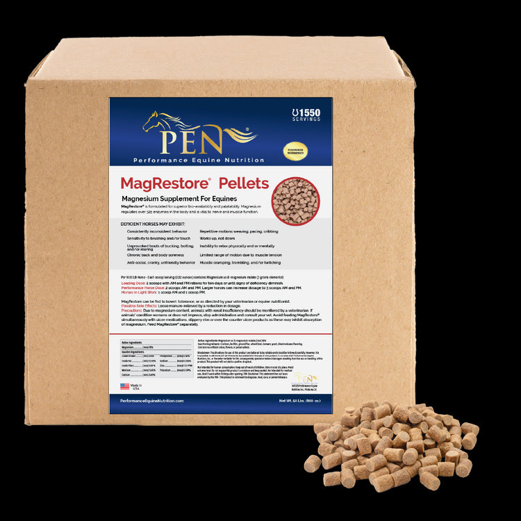 A bag of MagRestore equine magnesium supplement pellets, with the product name and form (pellets and powder) highlighted.
