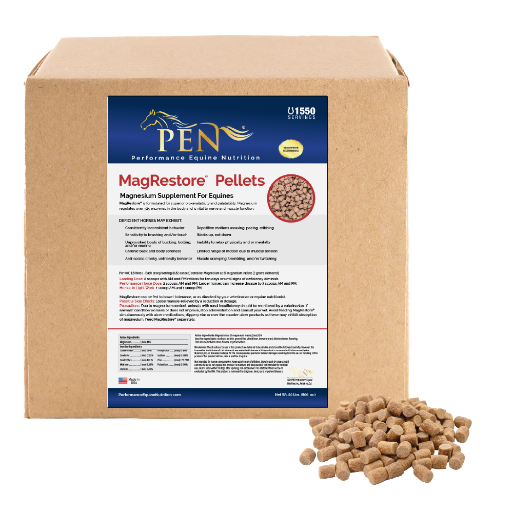 A bag of MagRestore equine magnesium supplement pellets, with the product name and form (pellets and powder) highlighted.