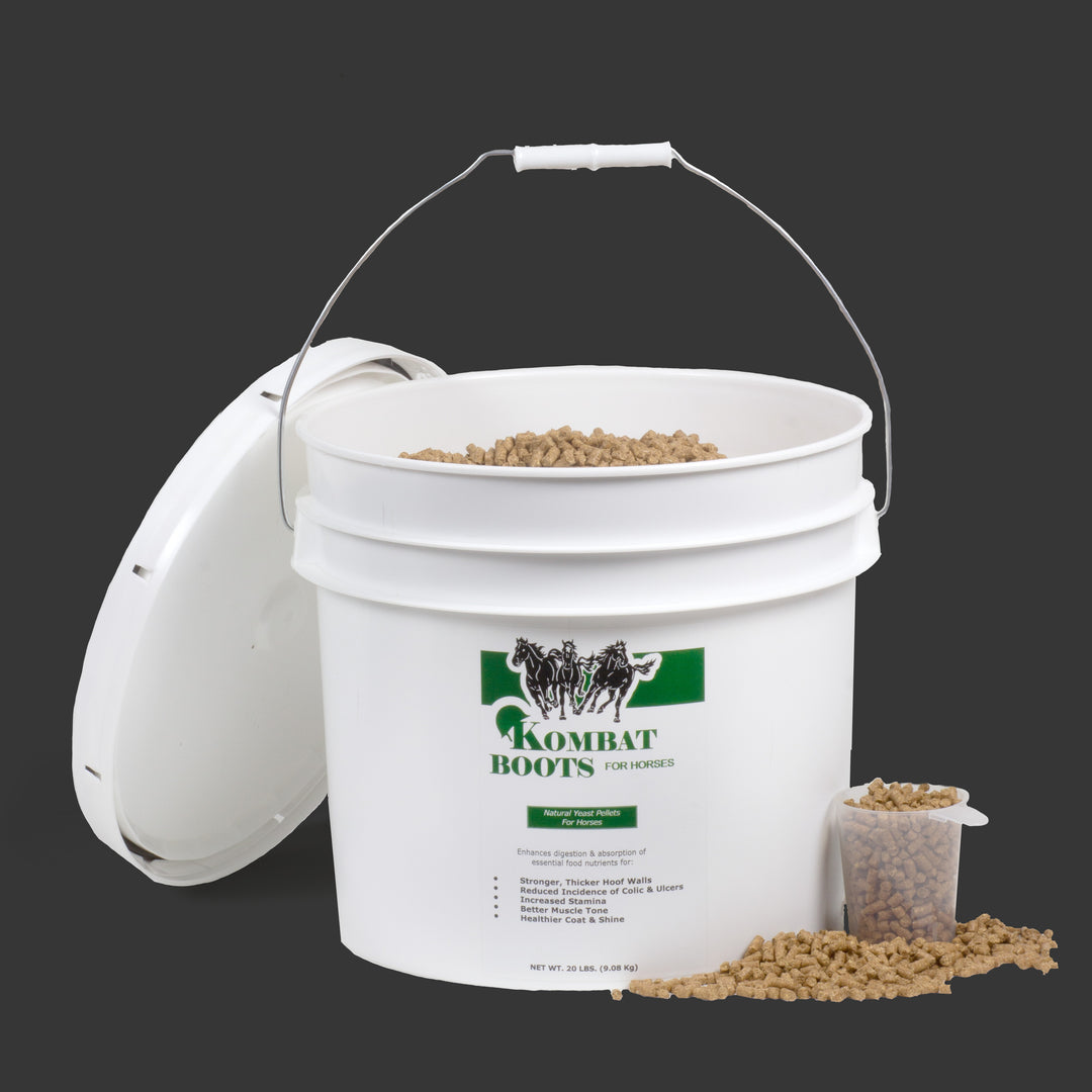 A bucket of Kombat Boots equine supplement