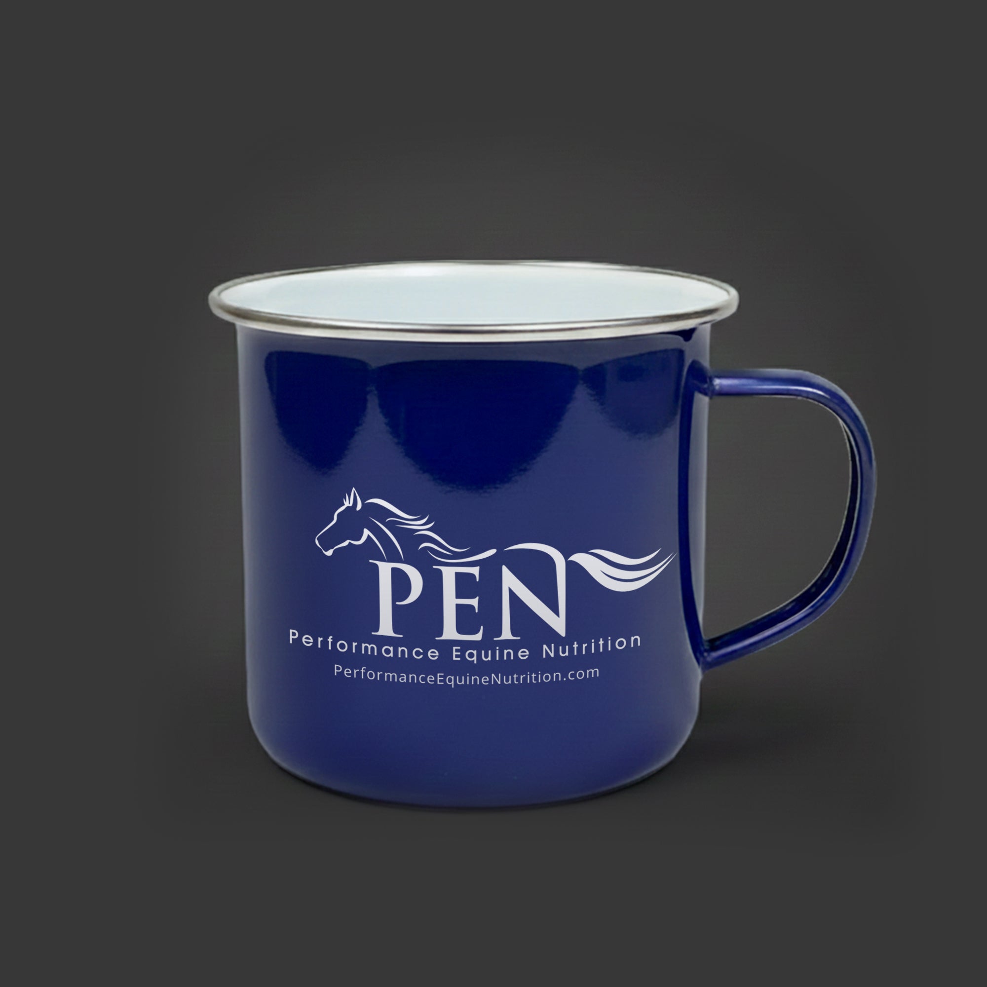 Blue mug with 'PEN Performance Equine Nutrition' logo on a dark background