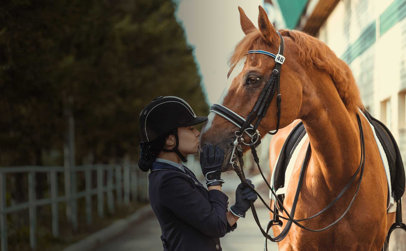 girl in riding helmet kissing her horse